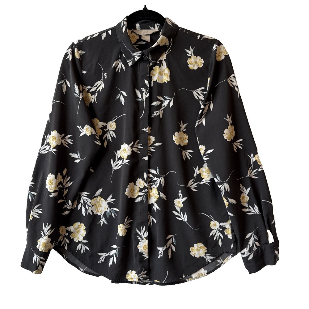 H&M Floral Slate Gray Yellow Long Sleeve Button Up Shirt Women's 4 Dark Romance